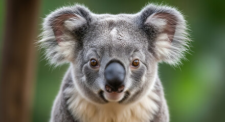 Closeup portrait of a cute koala bear looking directly at the camera with soft, fluffy fur and large ears, set against a blurred natural green forest background