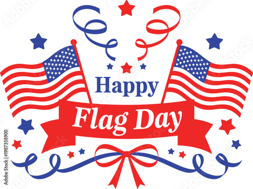 Flag Day USA poster vector graphic, June 14 American national holiday celebration banner, patriotic design with US flag colors, stars, stripes, and festive composition, modern illustration for print.