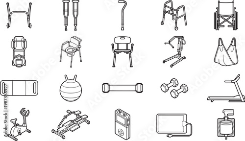 A collection of rehabilitation and fitness equipment, providing tools for recovery and wellness.
