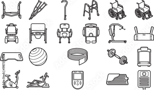 A comprehensive array of mobility aids and exercise equipment in monochrome, offering a clear and concise visual guide.