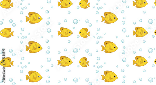 Cheerful seamless pattern of small yellow fish and blue bubbles is repeated across a clean white background for kids.
