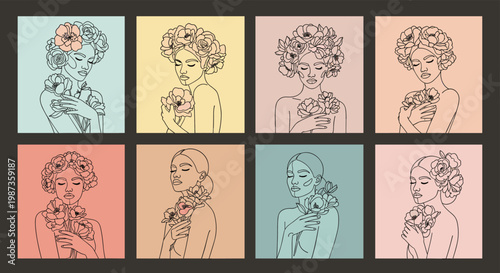 Collection of eight artistic portraits of women with floral hair decorations is shown in a colorful grid format.