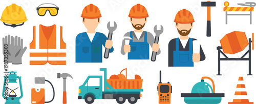 Construction worker vector set with builders tools equipment safety gear truck mixer and repair elements flat illustration collection for industrial and engineering design