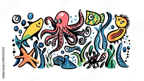 Colorful cartoon sea life illustration with fish, octopus, starfish, plants on white
