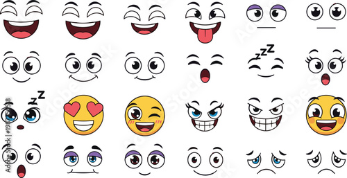 Cartoon Comic Face Expression Set with Funny Emoji Characters Showing Happy, Sad, Angry, Sleepy, and Love Emotions Vector Illustration