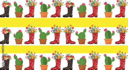 Whimsical pattern features colorful rain boots used as flower pots and green cacti arranged in neat rows with yellow stripes.