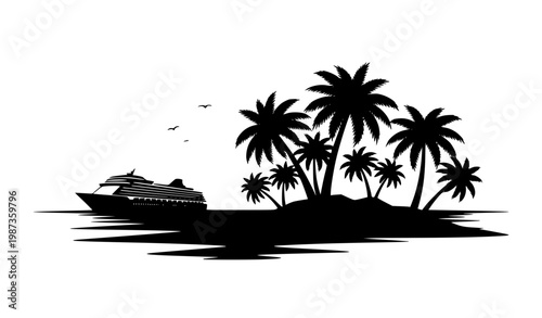 Tropical island with cruise ship silhouette black vector palm trees ocean travel scene