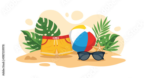Beach vacation essentials with yellow swim shorts, colorful beach ball, and stylish sunglasses resting on sandy shore with tropical leaves.