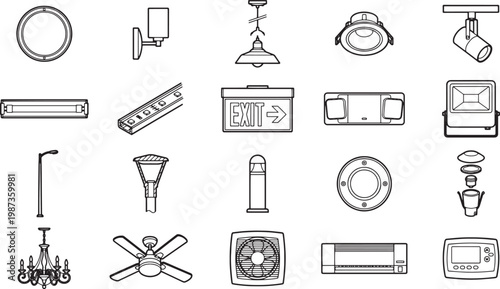 A variety of light fixtures and electrical appliances. Representing the latest trends in interior design. Clean lines and modern aesthetic for this visual asset.