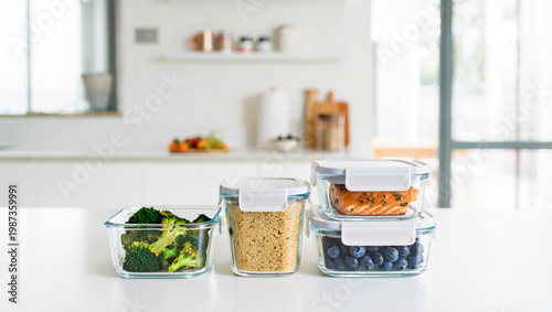 Minimalist kitchen counter with glass containers for meal prep, healthy food organization with salmon, quinoa and roasted broccoli, bright and airy atmosphere