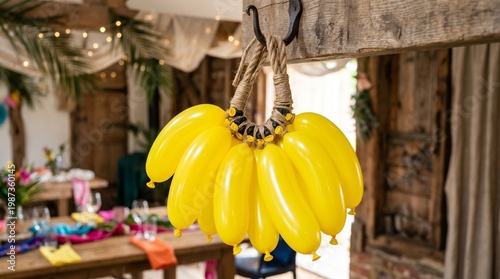 Wallpaper Mural Festive Celebration, Yellow Banana Decorations, Rustic Venue, Photography, Vibrant Atmosphere, Close-Up View, Fun and Whimsy Torontodigital.ca