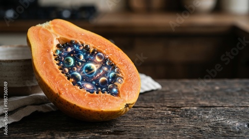 Wallpaper Mural Papaya with Colorful Marbles, Kitchen Setting, Food Photography, Artistic Environment, Close-Up View, Visual Contrast Torontodigital.ca