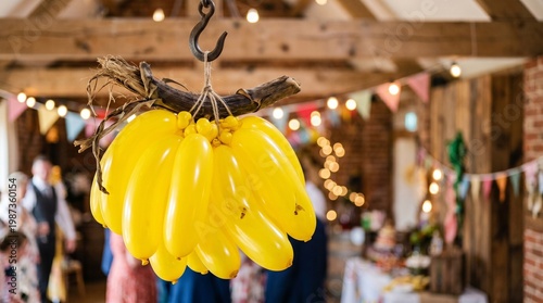 Wallpaper Mural Festive Event, Yellow Balloons, Rustic Venue, Photography, Cheerful Atmosphere, Close-up View, Celebration Concept Torontodigital.ca