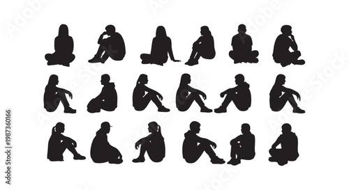Silhouettes of sitting people collection in various poses for design projects featuring men and women on white background.