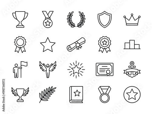 Outline vector icons of awards trophies medals success symbols for achievements and recognition with laurel wreath olive branch icon set first place achievement recognition accomplishment