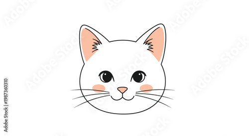 Adorable white cat face with pink cheeks and large expressive black eyes isolated on white background for pet themed design projects.