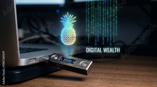 Wallpaper Mural Cryptocurrency Hardware Wallet with Pineapple Graphic in Office Environment Torontodigital.ca