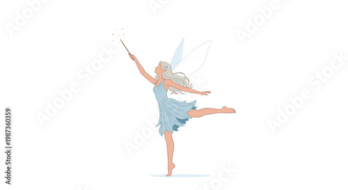 Enchanting magical fairy with delicate wings and blonde hair holds glowing wand while dancing gracefully in white space.
