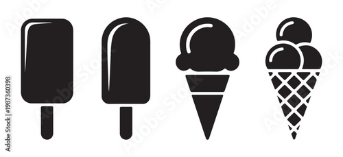 Set of four black ice cream icons including popsicles and cones on white background