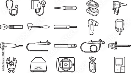 Medical equipment and supplies, essential tools for healthcare. Photorealistic vector line-art representation of medical instruments.