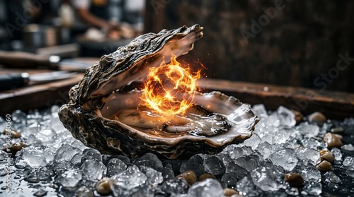 Wallpaper Mural Oyster with Fiery Orb, Coastal Kitchen, Food Photography, Vibrant Setting, Close-Up, Gastronomy Concept Torontodigital.ca
