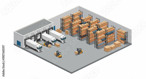 Modern Isometric Logistics Distribution Center Warehouse with Delivery Trucks, Forklifts, and Storage Racks on White Background