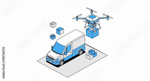 Modern Logistics and E-commerce Delivery Concept with Isometric Van and Drone Carrying a Package, Vector Line Art Illustration