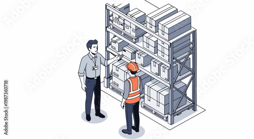 Isometric Illustration of Warehouse Manager and Worker Managing Inventory on Storage Racks with Cardboard Boxes, Logistics and Supply Chain Concept