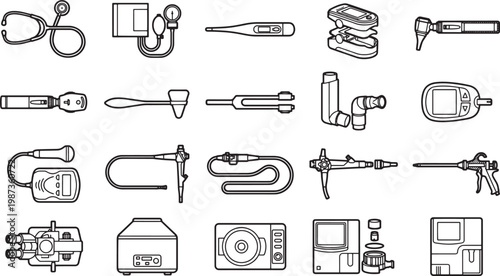 A collection of various medical instruments and devices arranged neatly, ideal for medical or healthcare concepts.