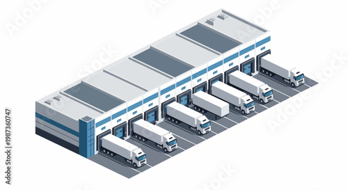 Isometric Logistics Center with Delivery Trucks at Loading Docks, Distribution Warehouse Concept for Supply Chain and Global Freight Transport