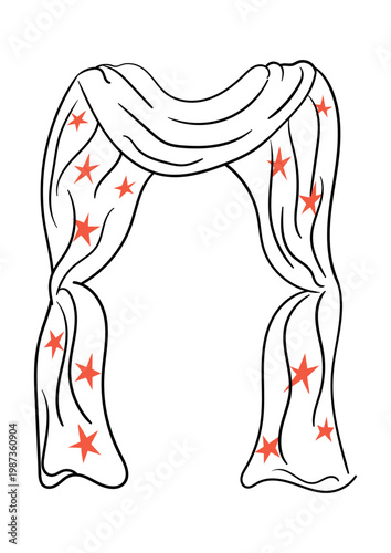 Vintage circus curtain frame with stars. Vector line illustration of draped fabric. Decorative theatrical frame for greeting cards and invitations