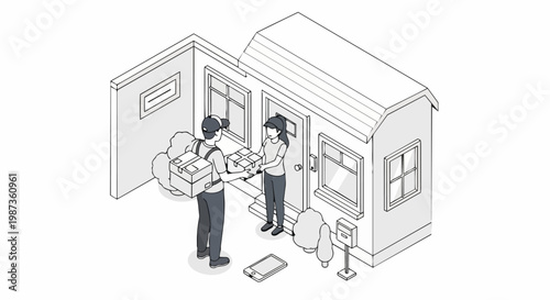 Isometric Delivery Service Illustration: Courier Handing Package to Customer at House Doorstep with Mobile Tracking Concept