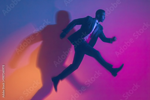 Man in suit running with colorful lighting and shadow