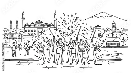 Turkish Fans Celebrating With Flags and City Scenery