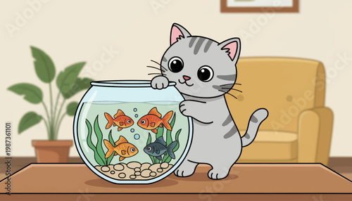 Adorable cartoon cat peeking into a goldfish bowl on a wooden table.