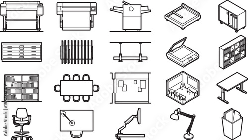 Office equipment: a comprehensive collection of office equipment icons arranged in a grid formation, perfect for illustrating office and workspace concepts.