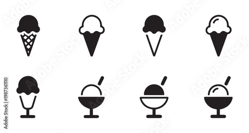 Collection of eight black ice cream icons featuring cones and sundae bowls