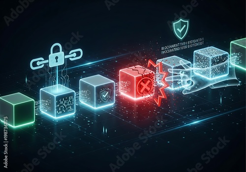 Abstract illustration of secure blockchain technology with glowing data blocks and chain links