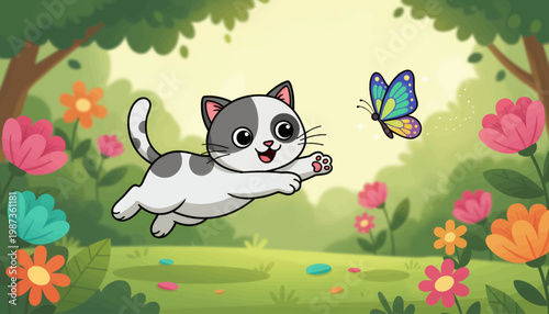 Adorable Kitten Chasing a Colorful Butterfly in a Vibrant Garden.