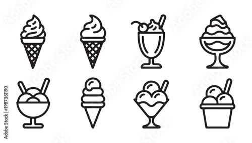 Set of eight ice cream and dessert outline icons in a minimal style