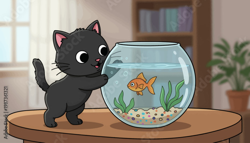 Cute black kitten observing a goldfish in a bowl.