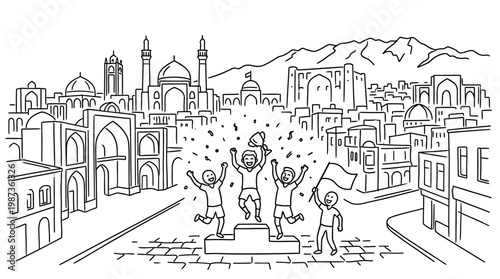 Celebration in a Cityscape with Landmarks