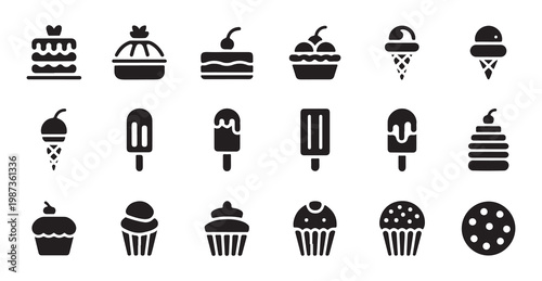 Large set of eighteen black dessert icons including cakes, cupcakes, and ice cream