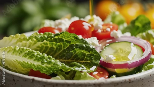 Fresh salad with vegetables and dressing.