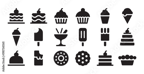 Collection of eighteen black silhouette icons for various desserts and sweets