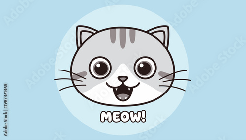 Cute Cartoon Cat Face with Meow Text.