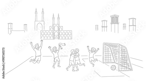 Soccer Celebration with Iranian Architectural Background