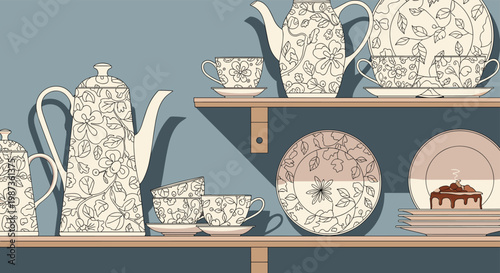 Kitchen shelves displaying beautifully patterned ceramic teapots, cups, and plates alongside a delicious chocolate cake.