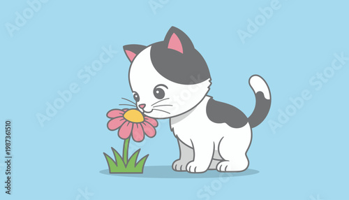 Cute cartoon kitten smelling a pink flower illustration.