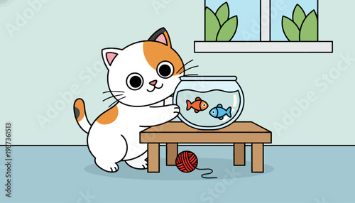Cute Cat Gazing at Goldfish in Bowl on Table.
